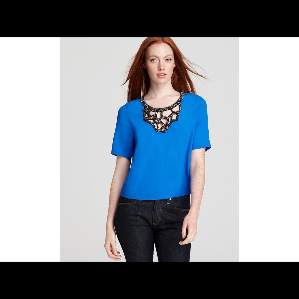 Plenty by Tracy Reese Anthropologie Blue Black Silver Beaded Top Blouse Medium
